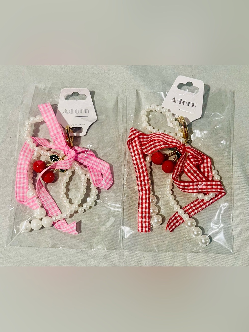2 Pack Cherry Beaded Keychain with Bow - Pink and Red